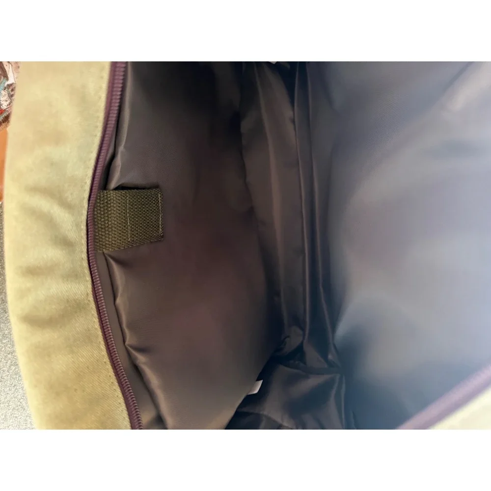 Lulu Canvas Messenger Laptop Bag Olive Green Burgundy Gold Buckle Briefcase